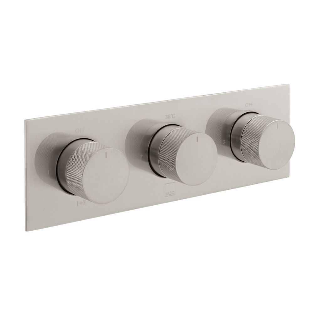 Cutout image of Vado Individual Knurled Accents Brushed Nickel Triple Outlet Shower Valve